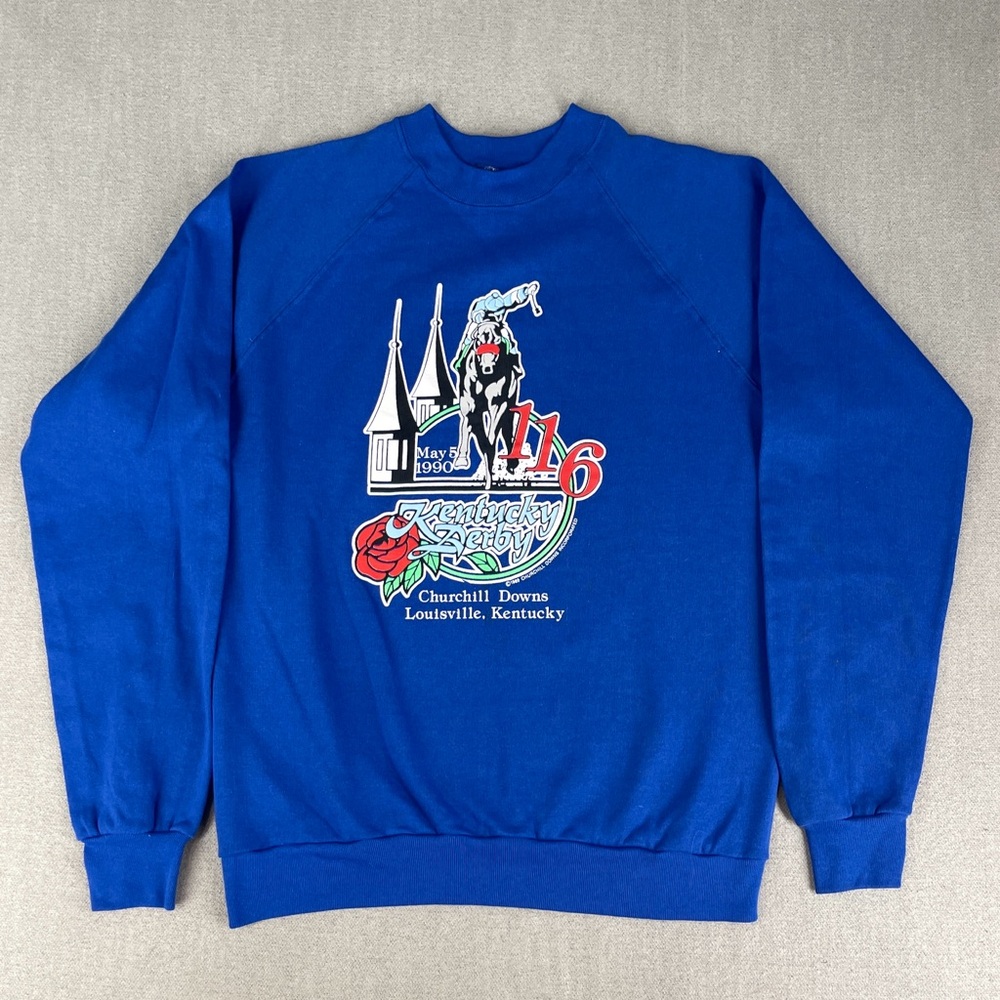 Vintage 1990 Kentucky Derby Crewneck Sweatshirt Size L Blue 116th Horse Race 80s